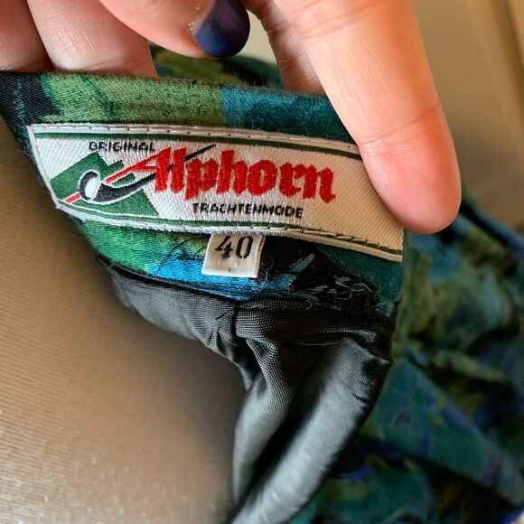 Vintage Alphorn Blue Green Floral Octoberfest Lined Box Pleats Maxi Skirt - Med - Picture 2 of 9